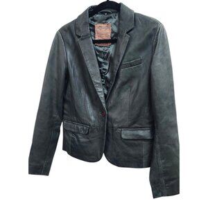 Vintage Leather Blazer Jacket Women’s EU38/US6 Green Notched Lapel Single Button